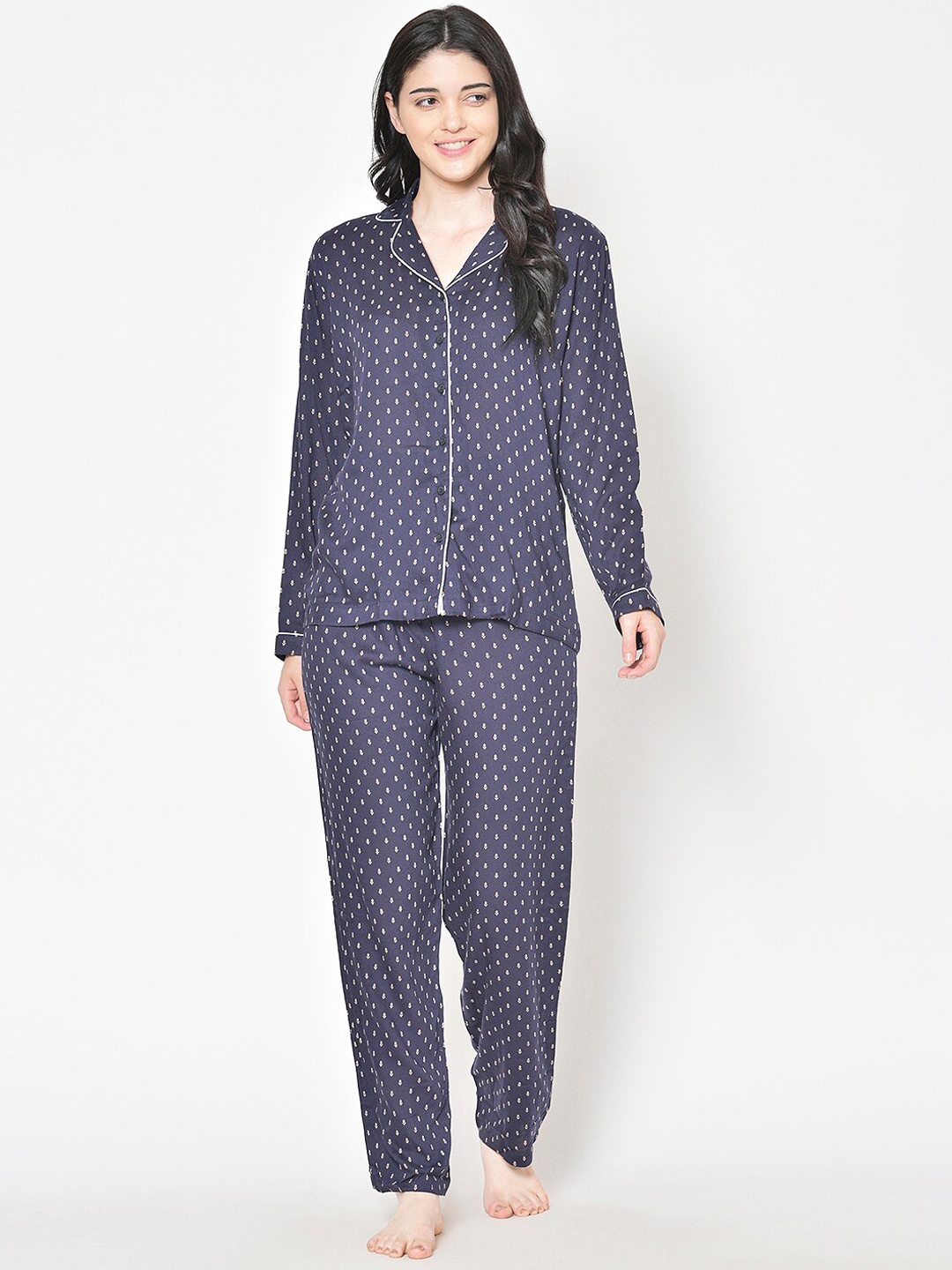 

Cation Women Navy Blue & Yellow Printed Night Suit