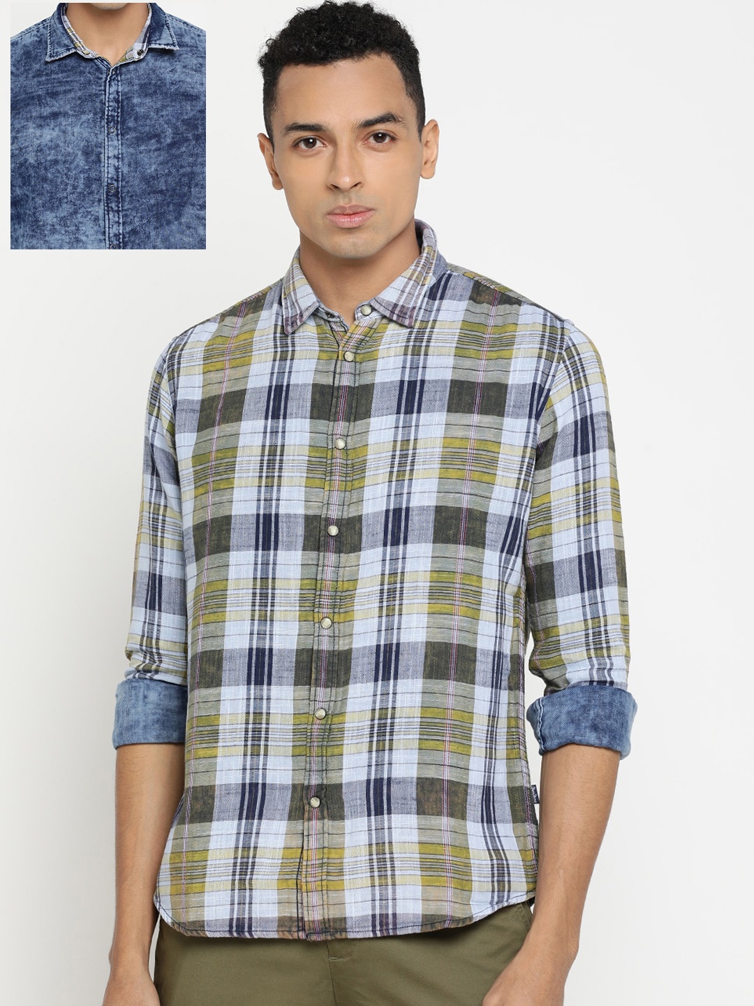 

Pepe Jeans Men Yellow & Blue Regular Fit Checked Reversible Casual Shirt