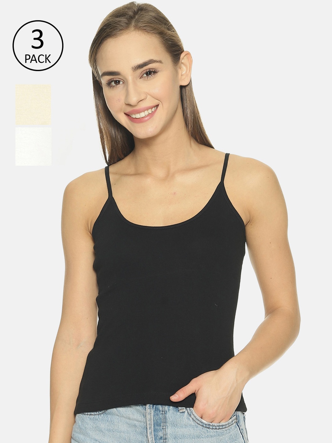 

TWIN BIRDS Women Pack Of 3 Black, White & Beige Solid Camisoles
