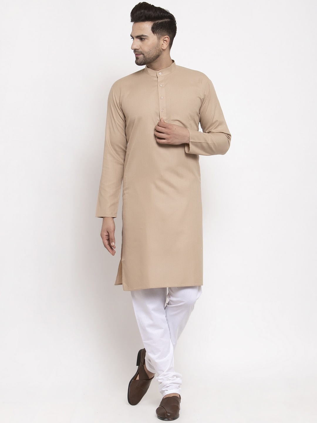 Jompers Men Brown & White Solid Kurta with Churidar