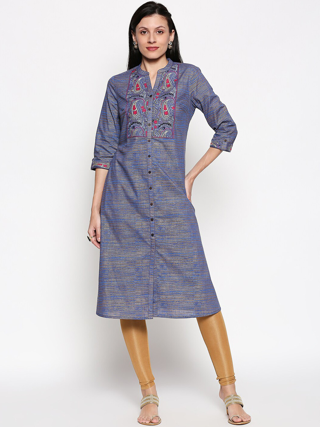

RANGMANCH BY PANTALOONS Women Blue Yoke Design A-Line Kurta