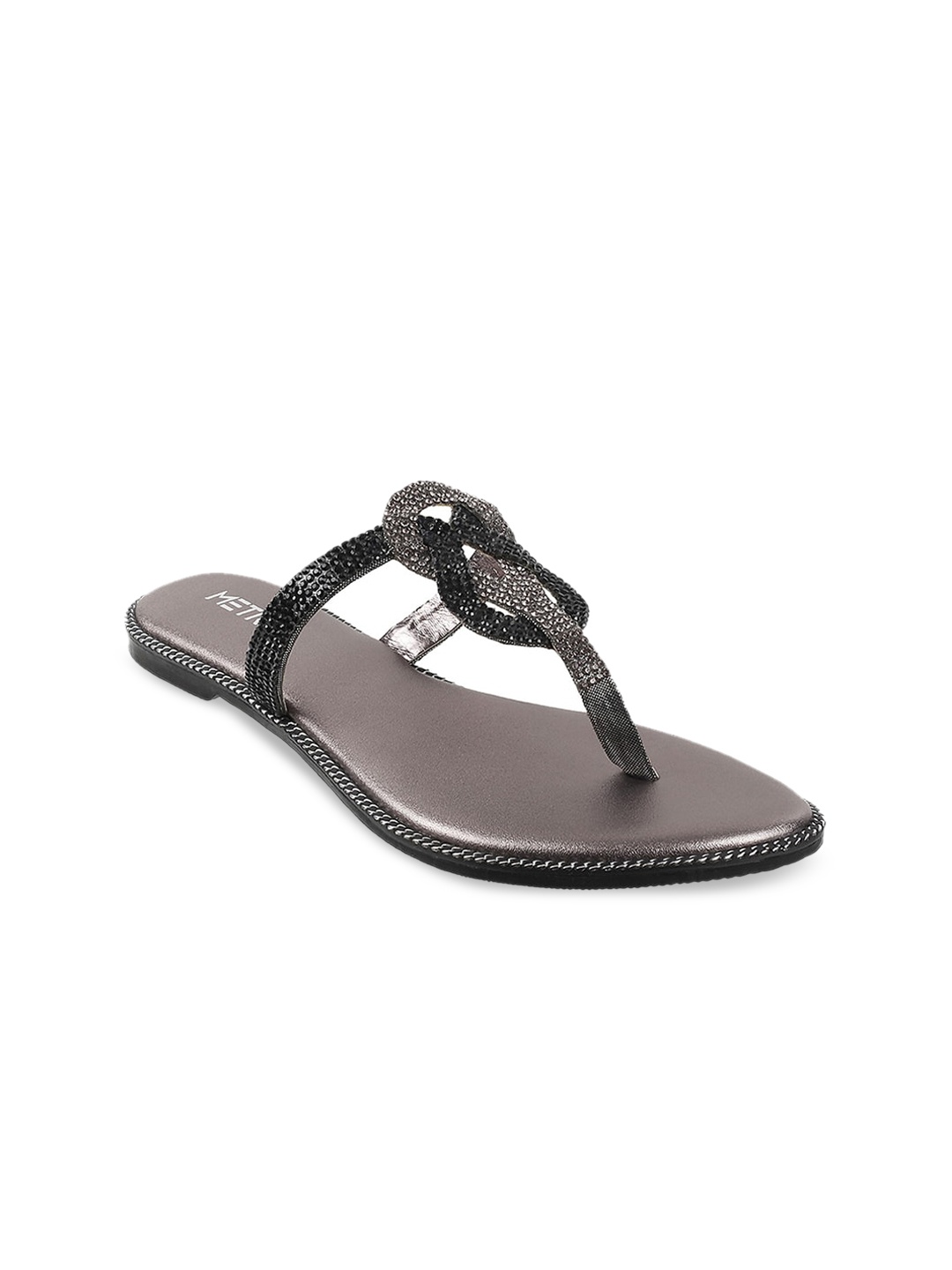 

Metro Women Gunmetal-Toned Embellished T-Strap Flats, Metallic