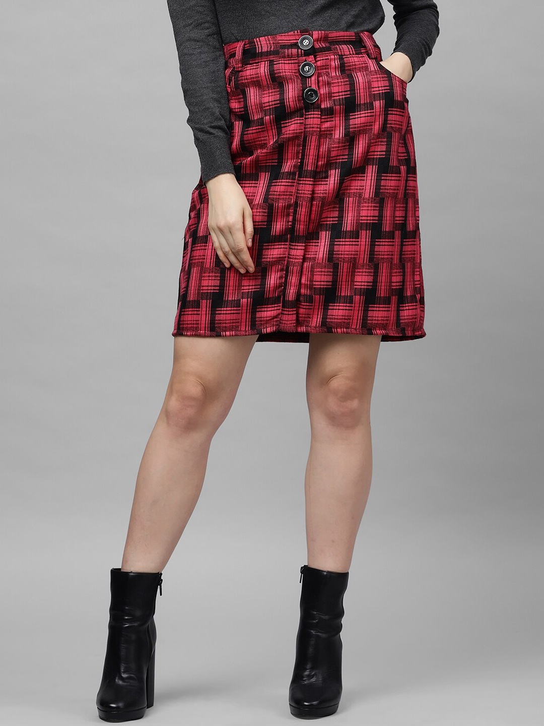 

Athena Women Burgundy & Black Checked Woolen A-Line Skirt