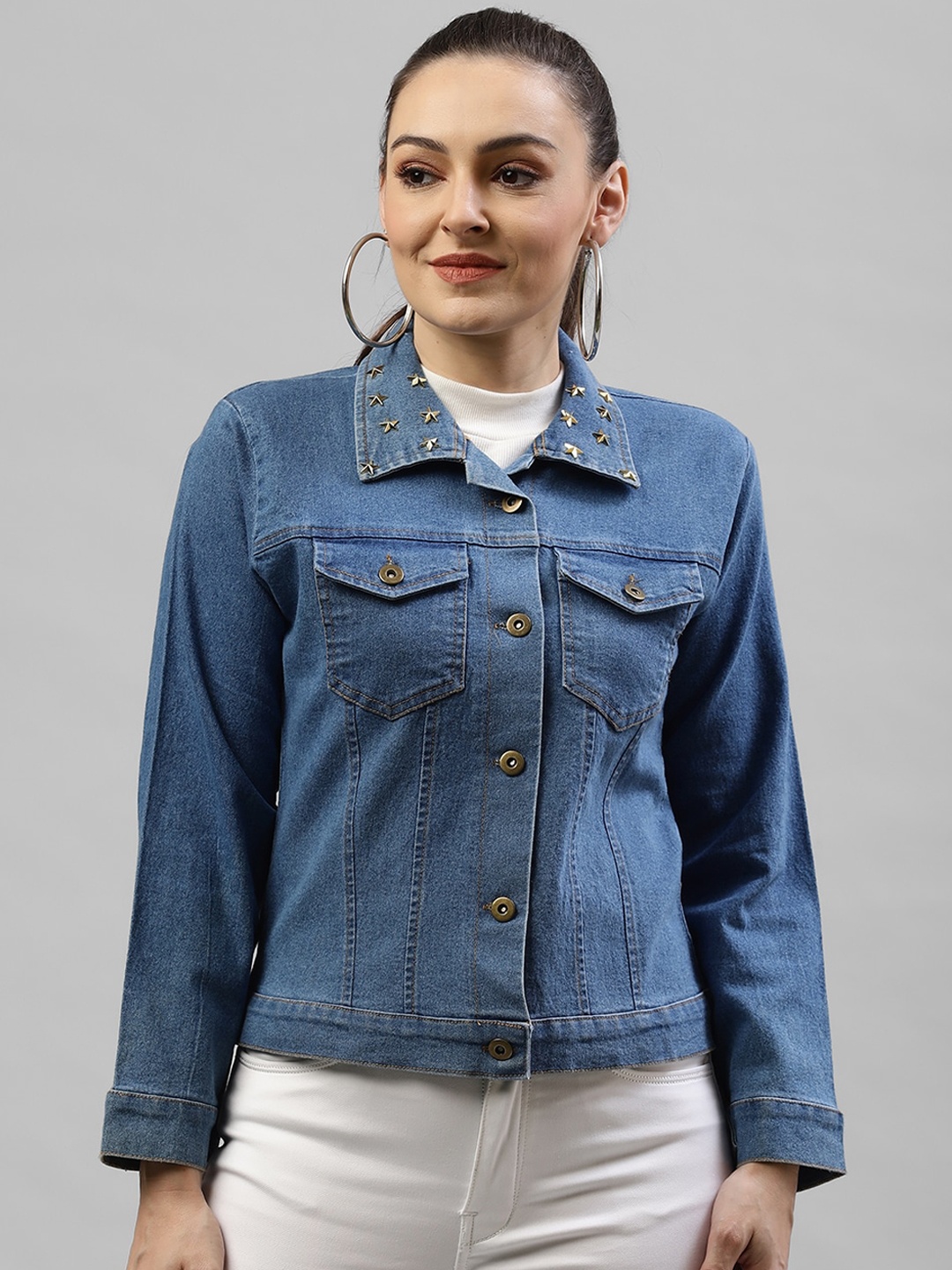 KASSUALLY Women Blue Solid Denim Jacket