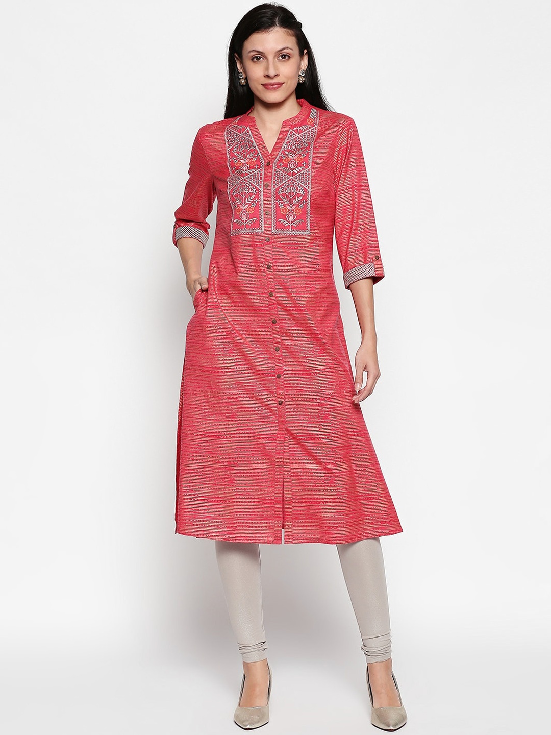 

RANGMANCH BY PANTALOONS Women Coral Pink & Blue Floral Printed A-Line Kurta