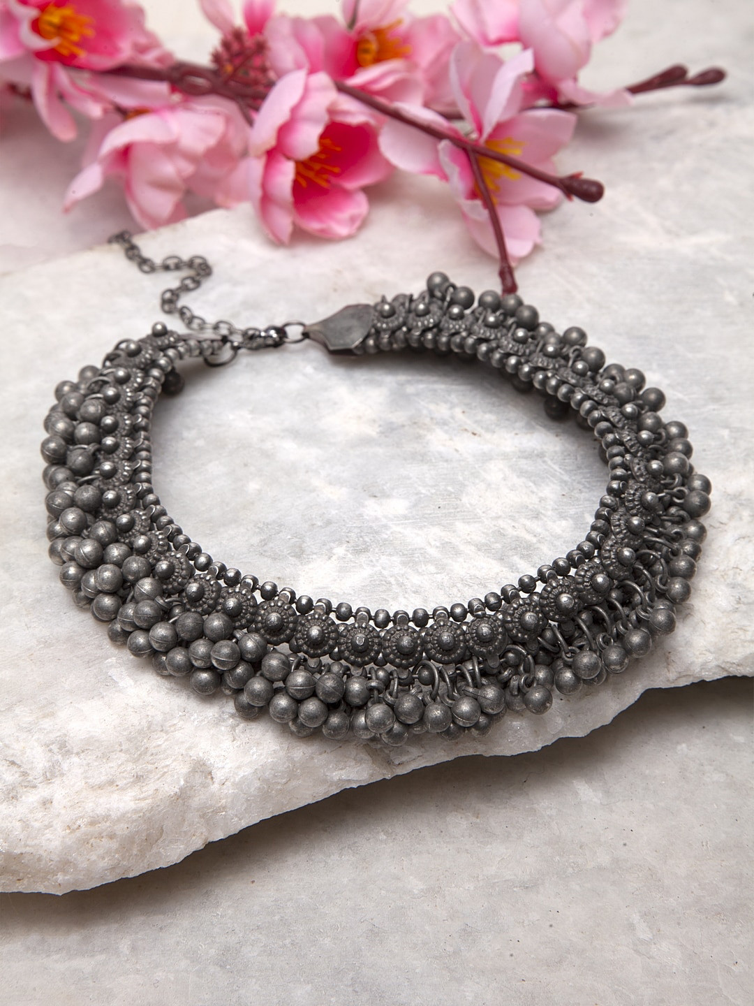 

Moedbuille Gunmetal-toned & German Silver Ghungroo Studded Handcrafted Necklace, Metallic