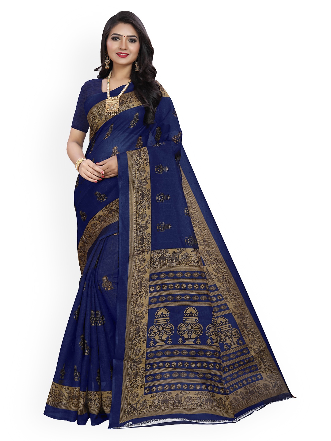 

Mitera Navy Blue & Beige Art Silk Printed Block Print Saree