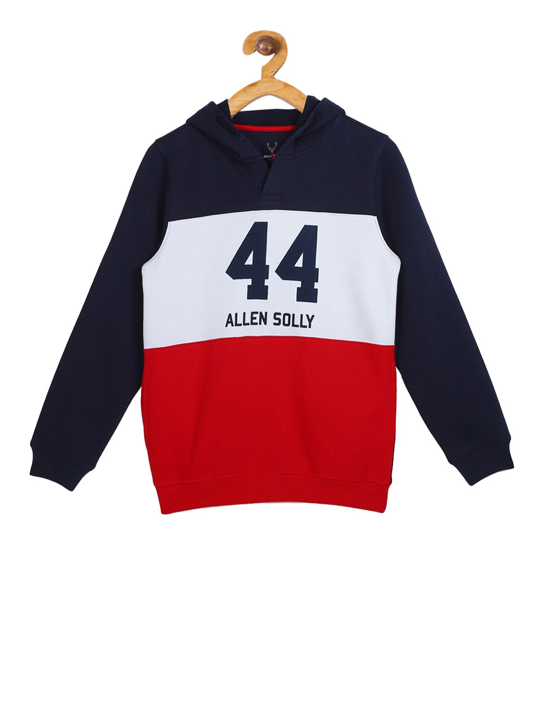 

Allen Solly Junior Boys Navy Blue & White Colourblocked Hooded Sweatshirt