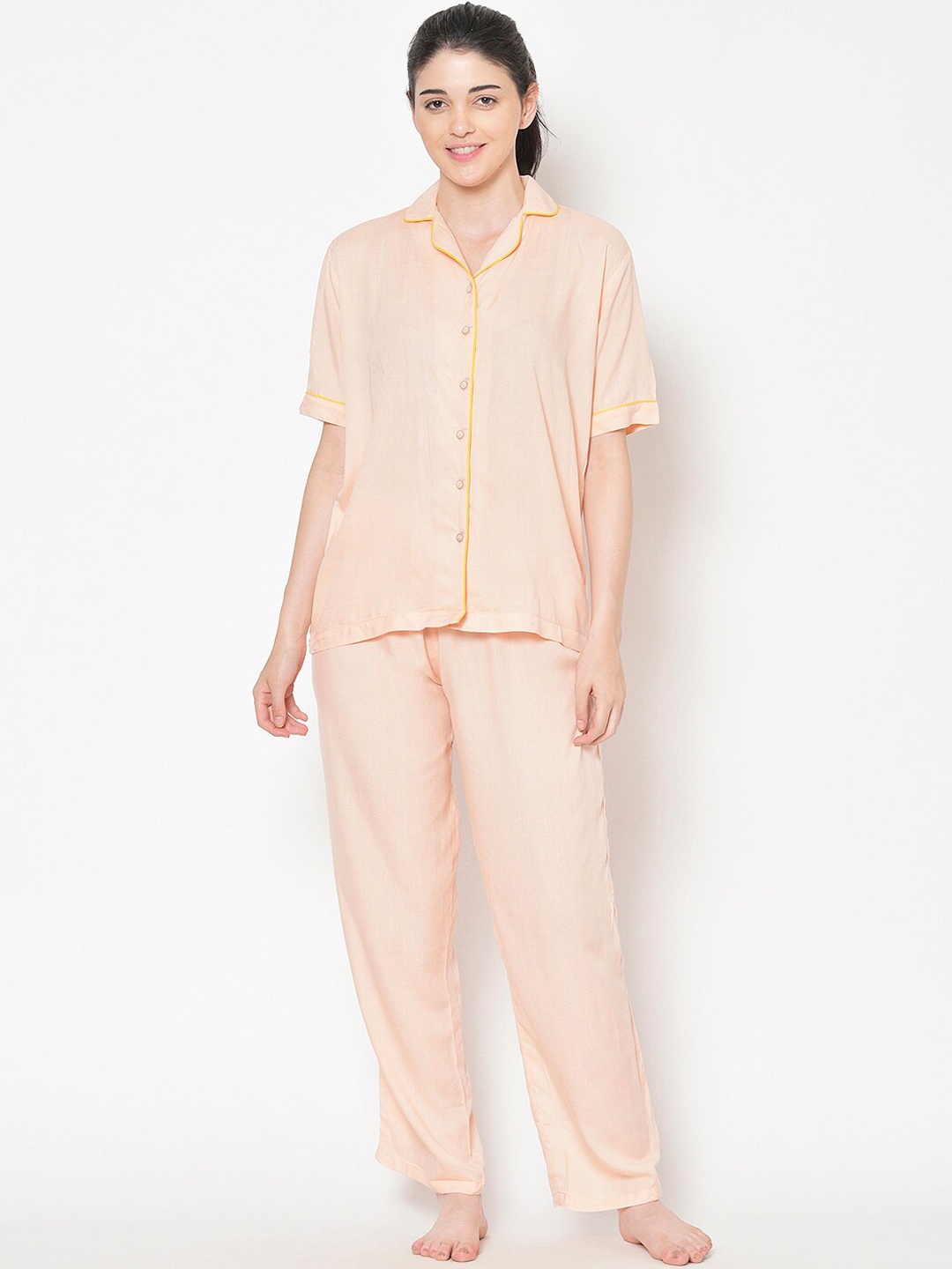 

Cation Women Peach-Coloured Solid Night Suit