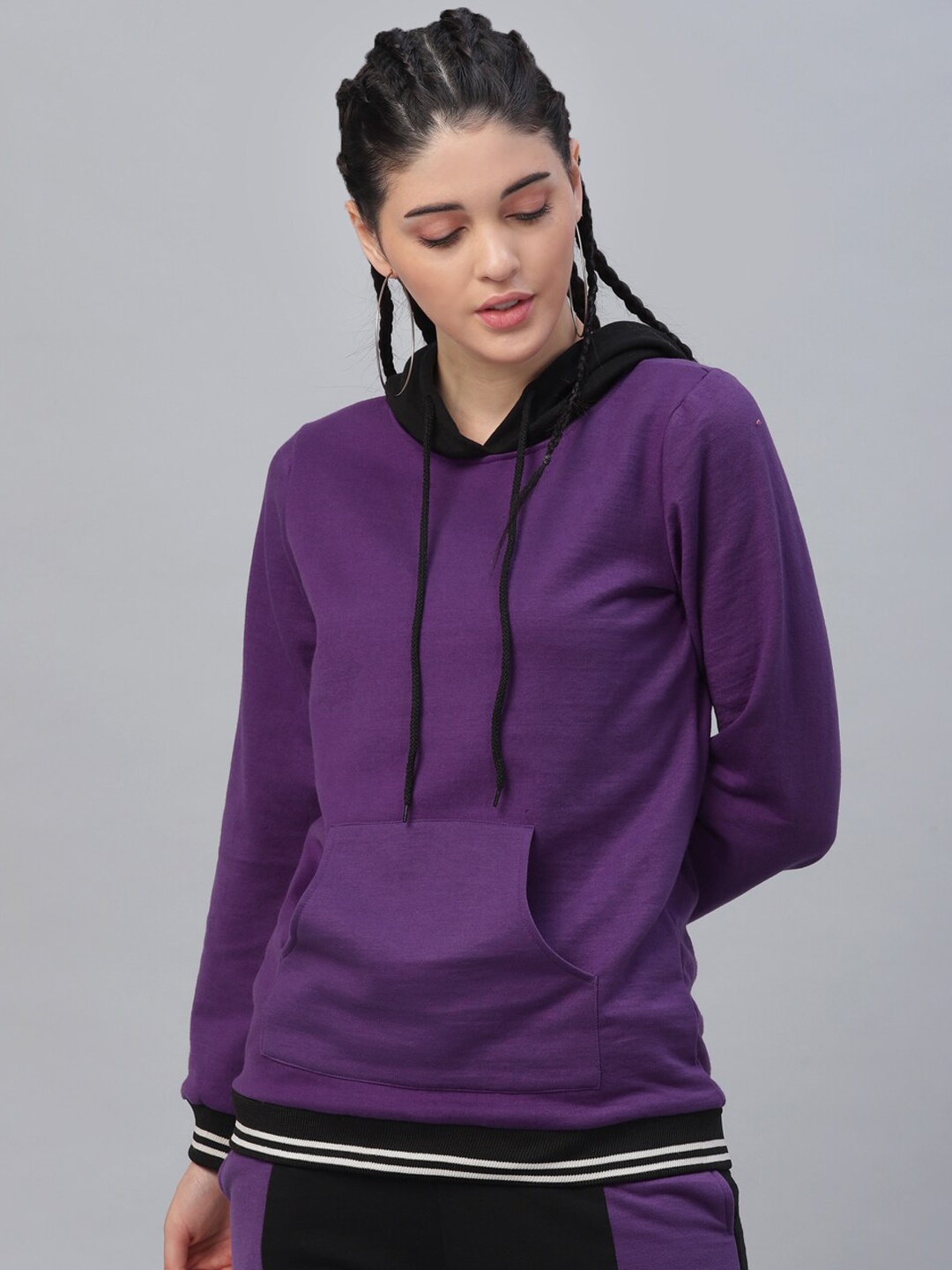 

Athena Women Purple & Black Solid Hooded Sweatshirt