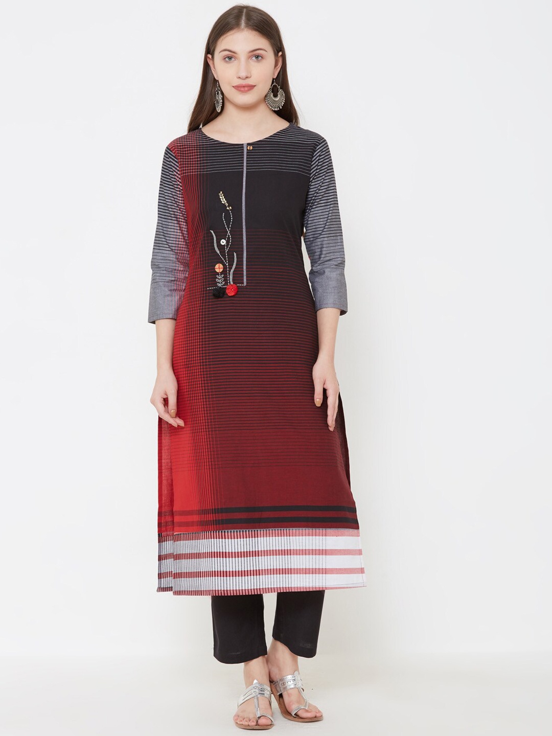 

FASHOR Women Maroon & Grey Striped Straight Kurta