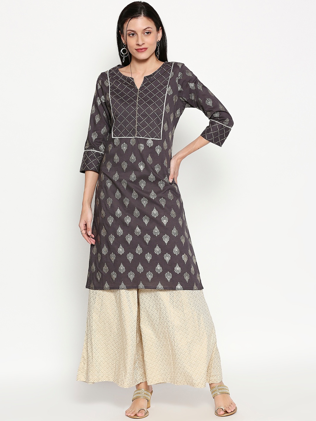 

RANGMANCH BY PANTALOONS Women Charcoal Grey Woven Design Straight Kurta