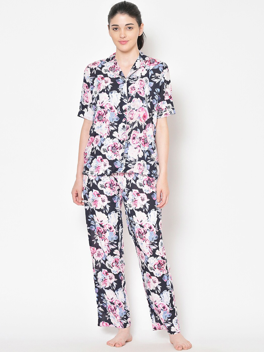 

Cation Women Navy & Pink Printed Night Suit, Navy blue