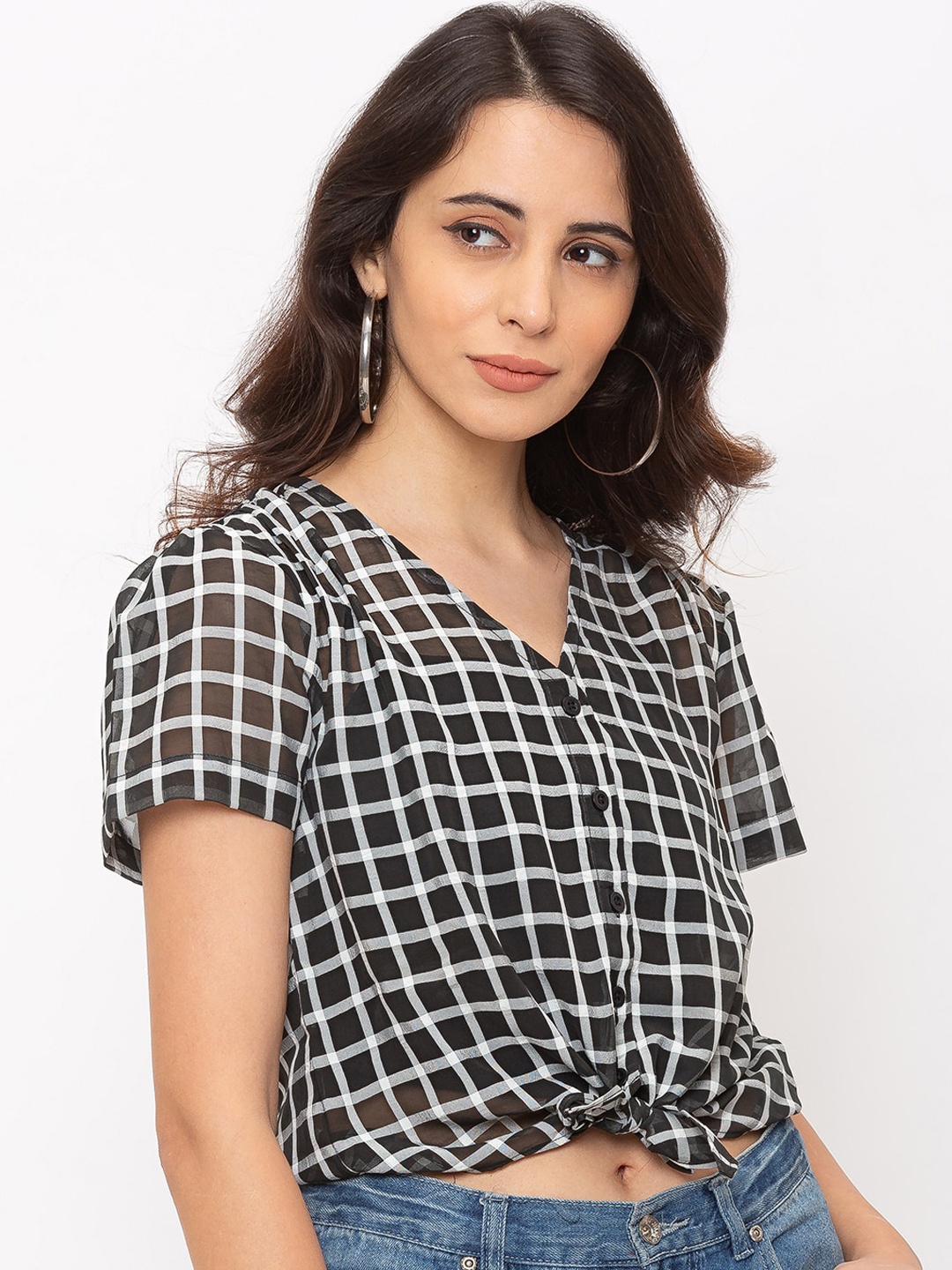 

Globus Women Black 7 White Checked Crop Shirt Style Top