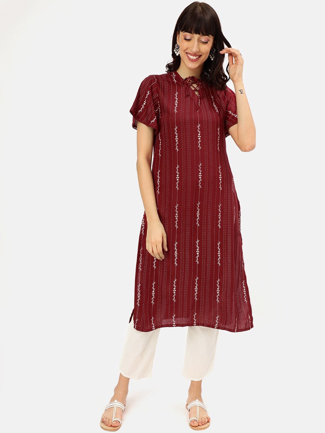 

Saaki Women Maroon Striped A-Line Kurta