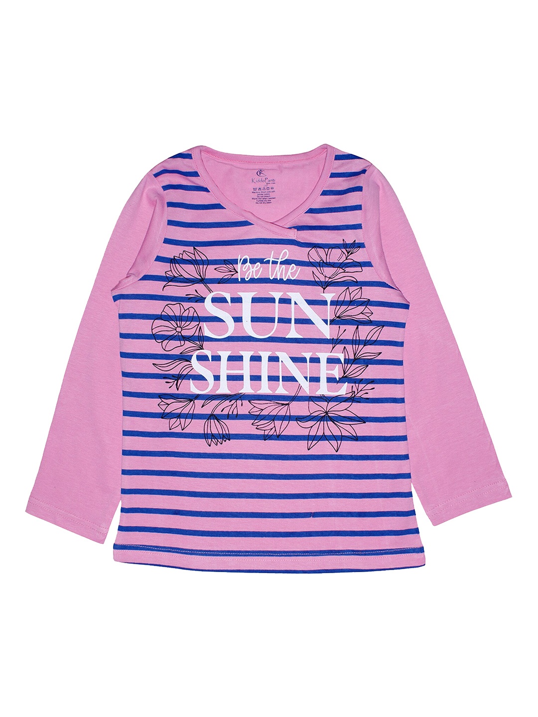 KiddoPanti Girls Pink Blue Striped V-Neck Pure Cotton T-shirt