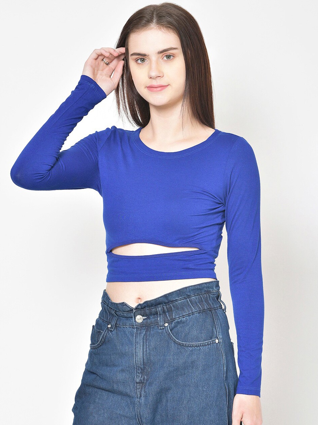 

Cation Women Blue Solid Crop Pure Cotton Top