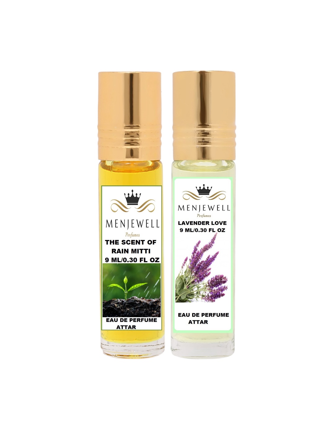 

Menjewell Pack of 2 RainMitti & Lavender Floral Attar, Transparent