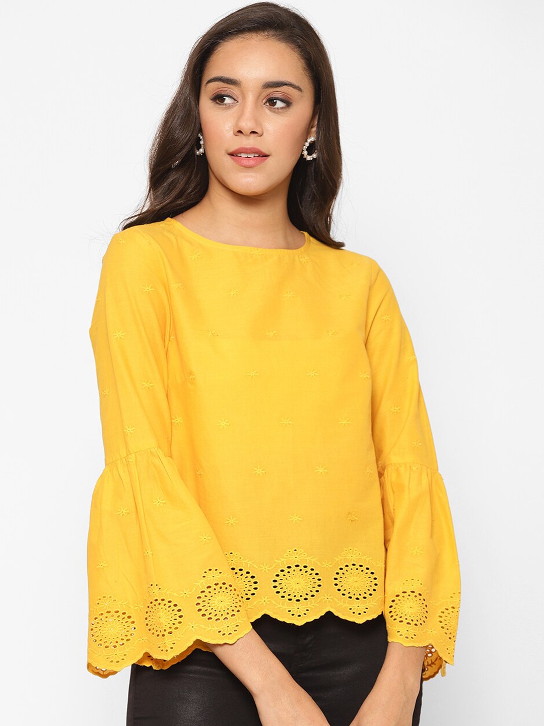 

HOUSE OF KKARMA Women Mustard Yellow Schiffli Embroidered Top
