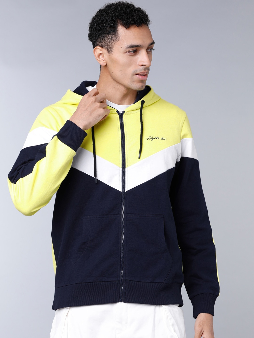 HIGHLANDER Men Yellow & White Colourblocked Hooded Sweatshirt