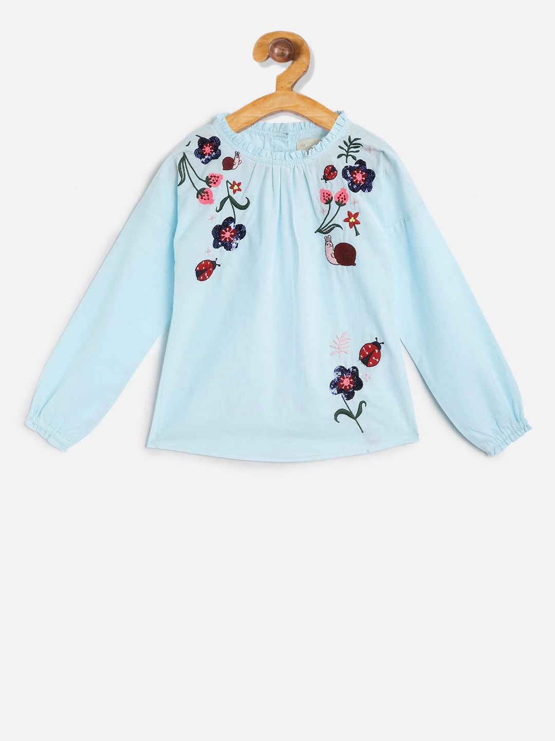 

Cherry Crumble Girls Blue & Pink Floral Embroidered Top