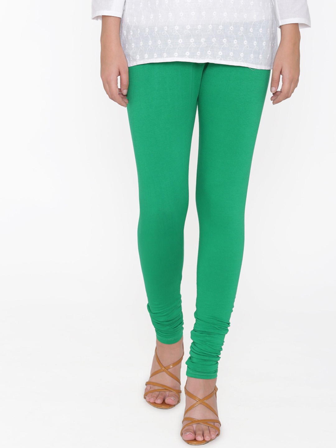 

N-Gal Women Green Solid Diamond Cut Churidar-Length Leggings