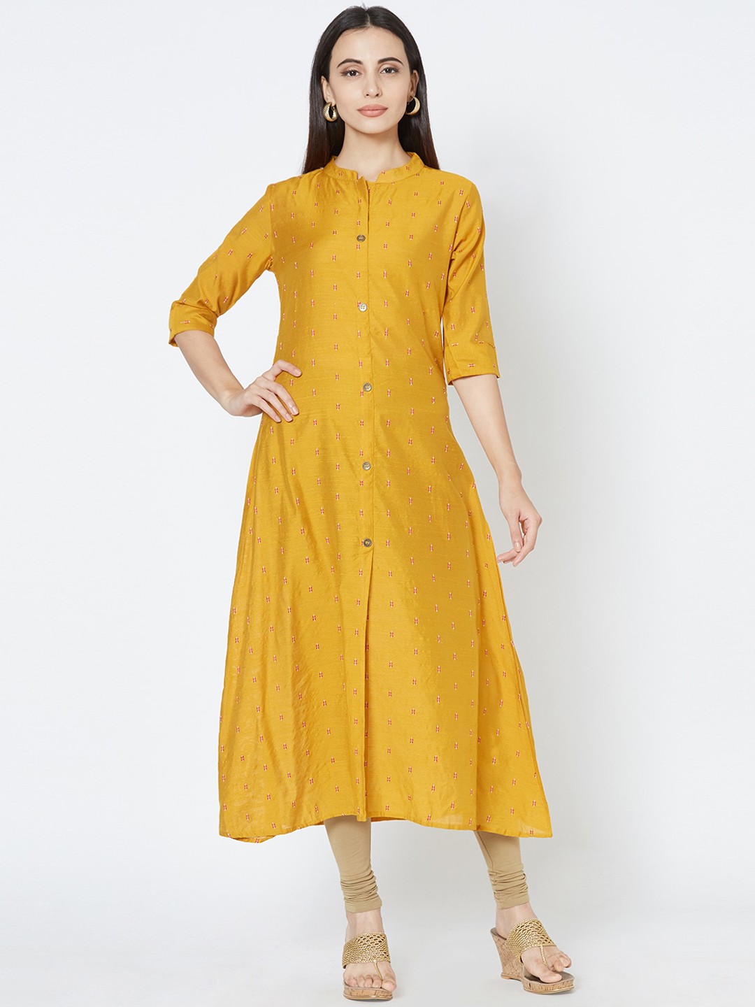 

FASHOR Women Mustard Yellow Embroidered A-Line Kurta
