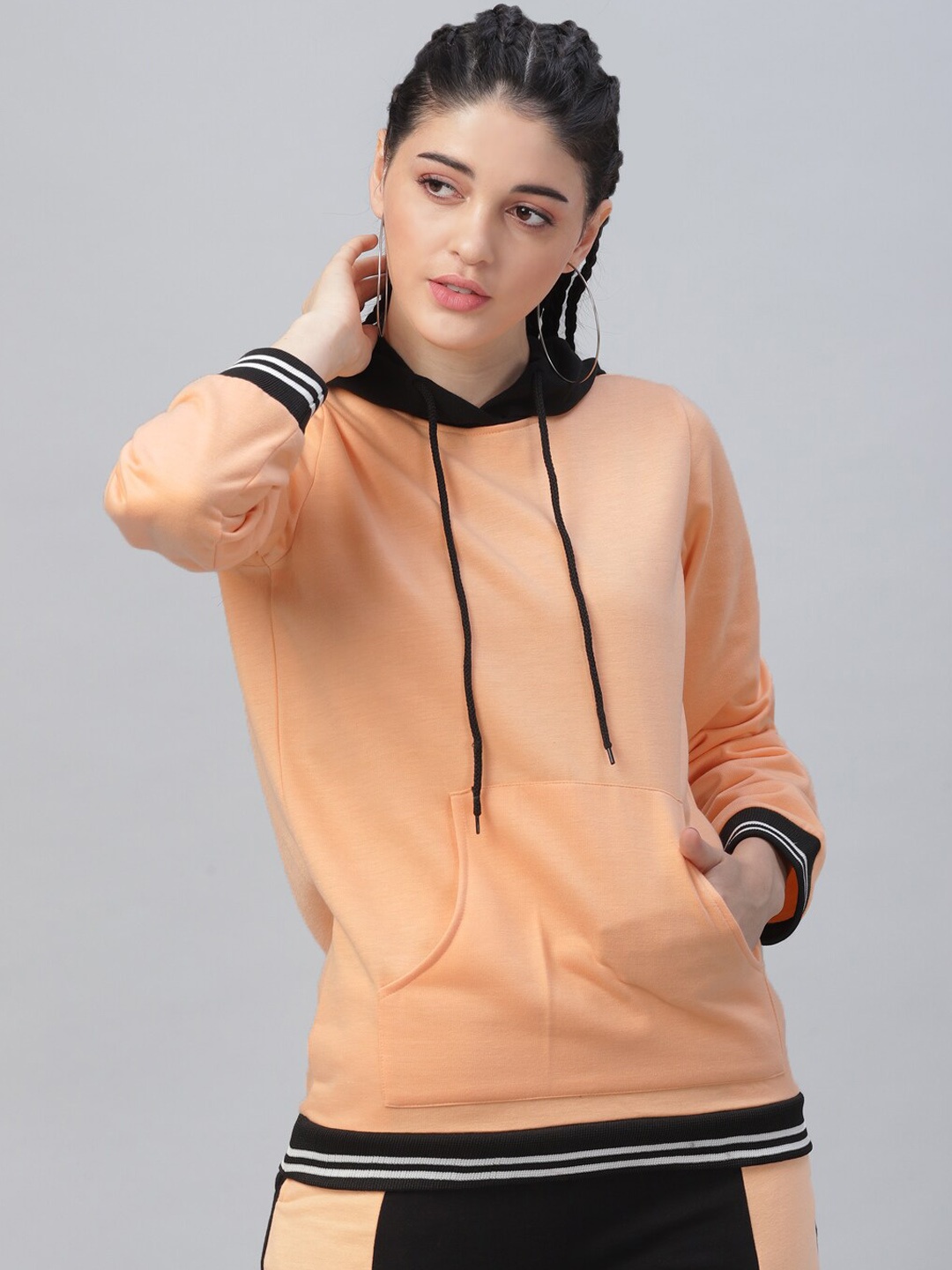 

Athena Women Peach-Coloured Solid Hooded Sweatshirt