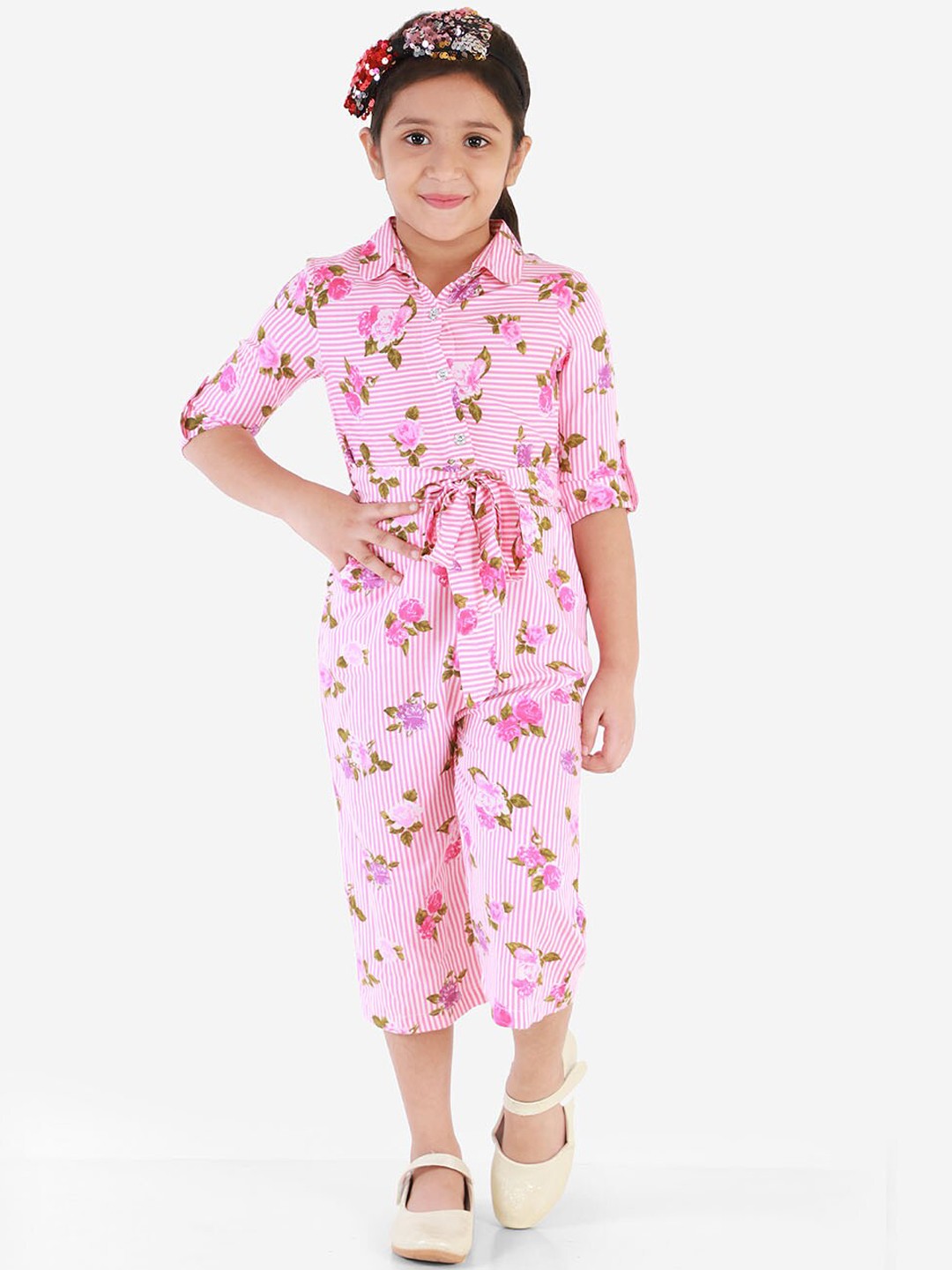 

Naughty Ninos Girls Pink & White Striped Basic Jumpsuit