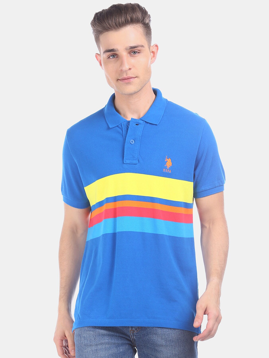 U.S. Polo Assn. Men Blue Colourblocked Polo Collar T-shirt