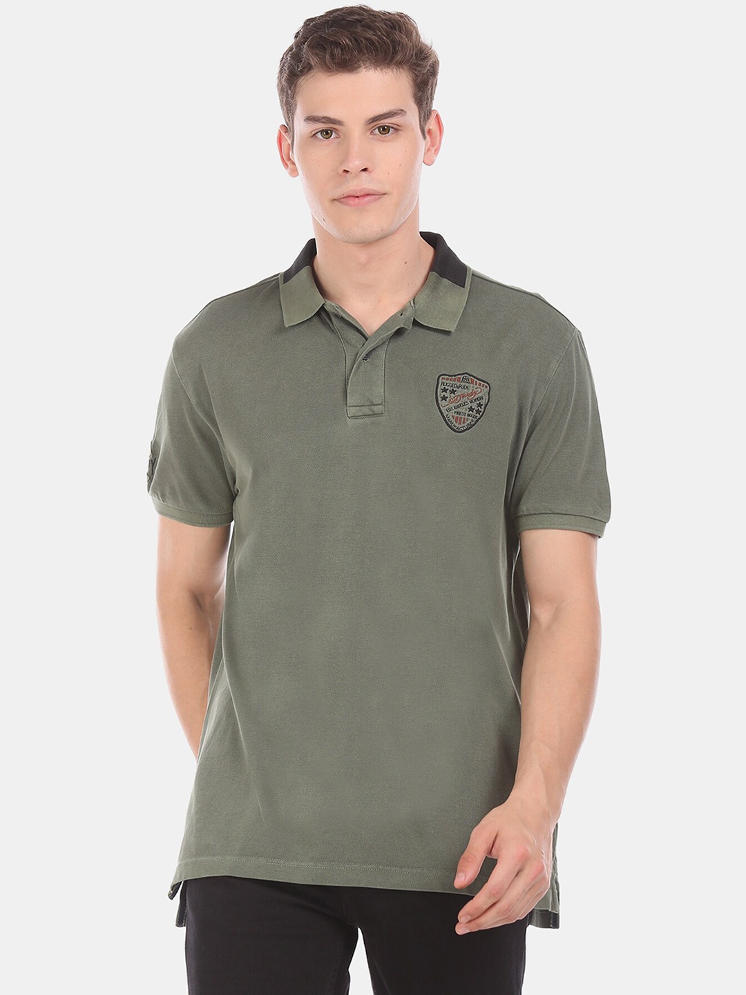 

Ed Hardy Men Green Solid Cotton Polo Collar Pure Cotton T-shirt