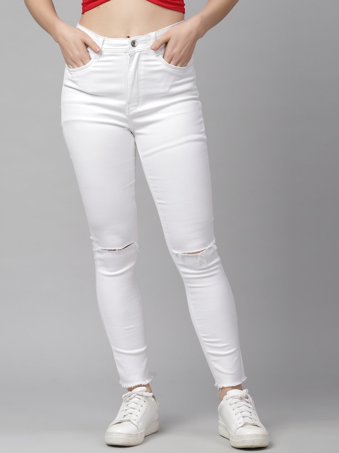 

KASSUALLY Women White Skinny Fit Mid-Rise Slash Knee Jeans
