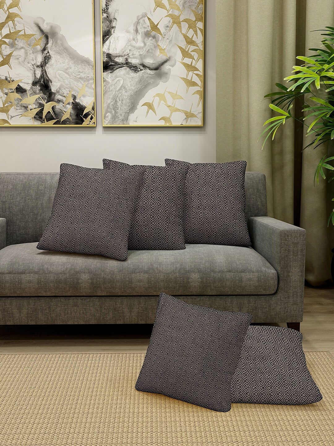 

KLOTTHE Set Of 5 Black Self-Design Square Cushion Covers with fillers