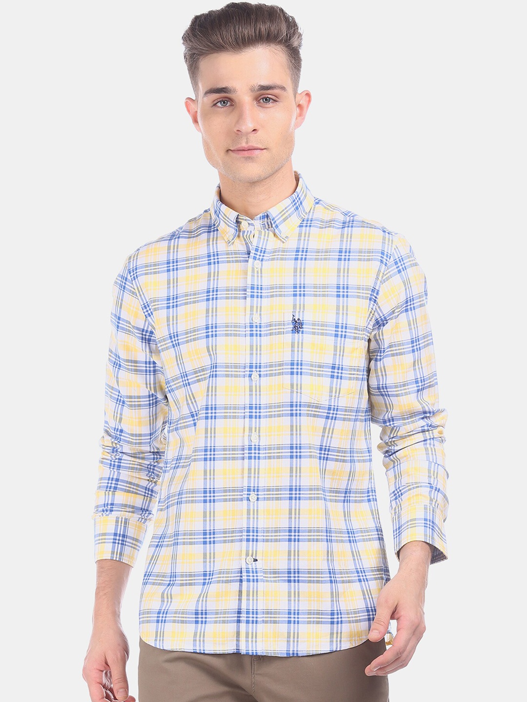 

U.S. Polo Assn. Men White & Yellow Regular Fit Checked Casual Shirt