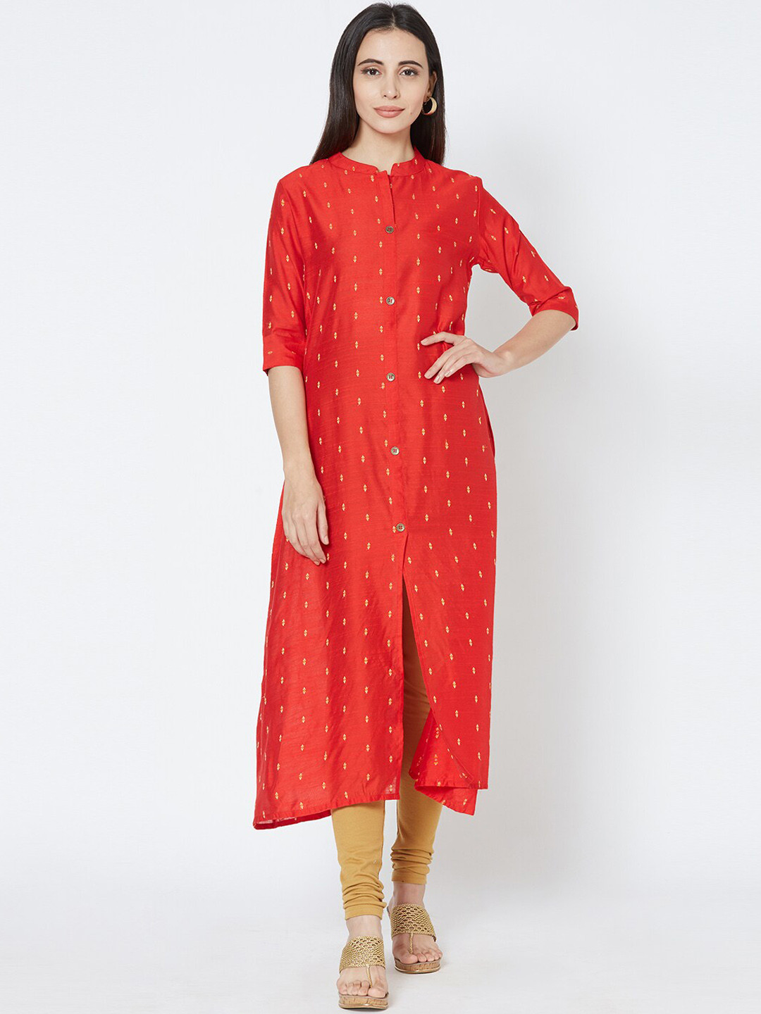 

FASHOR Women Red & Off-White Woven Design Straight Kurta