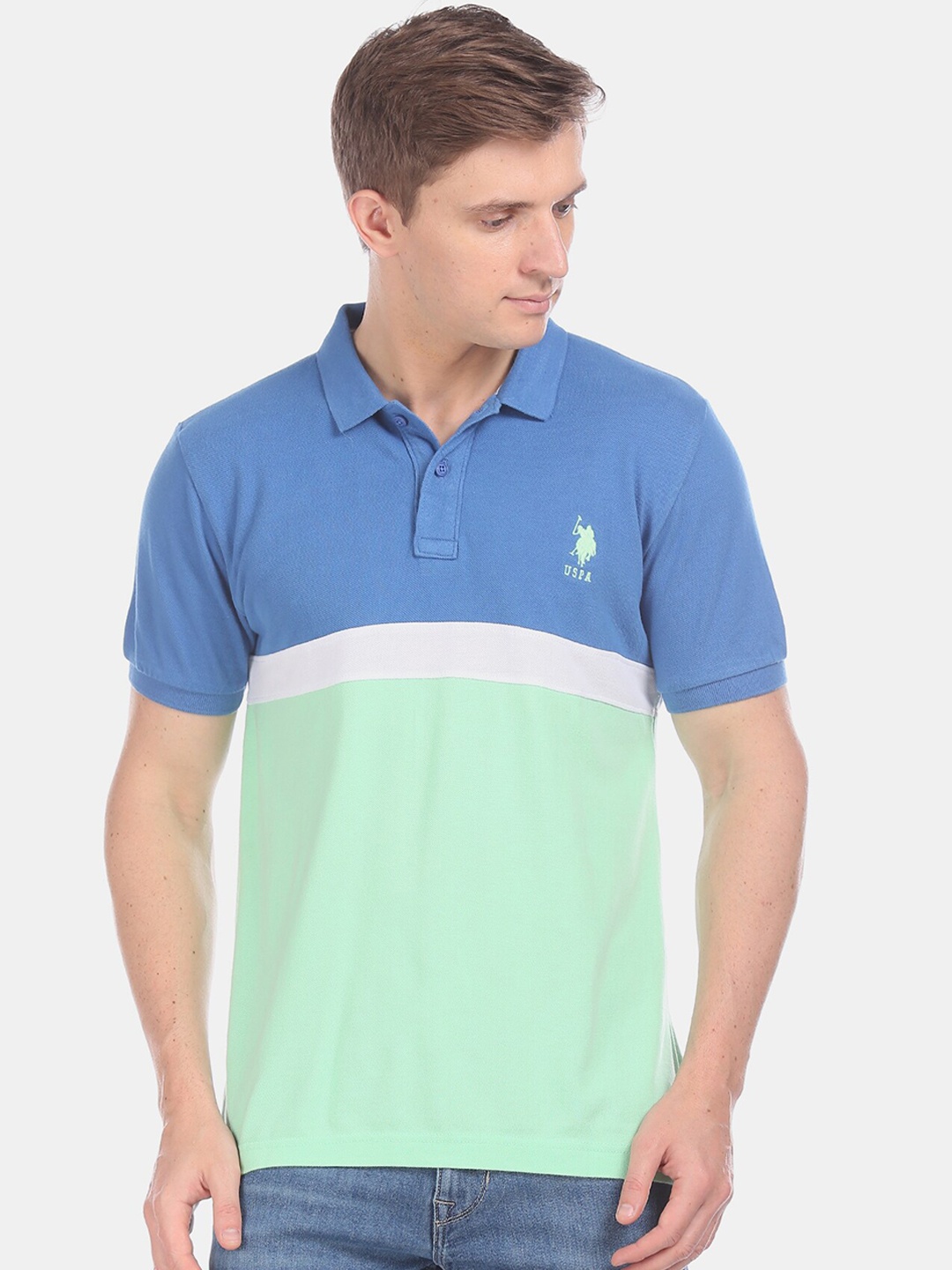 

U.S. Polo Assn. Men Blue Green Colourblocked Pure Cotton T-shirt