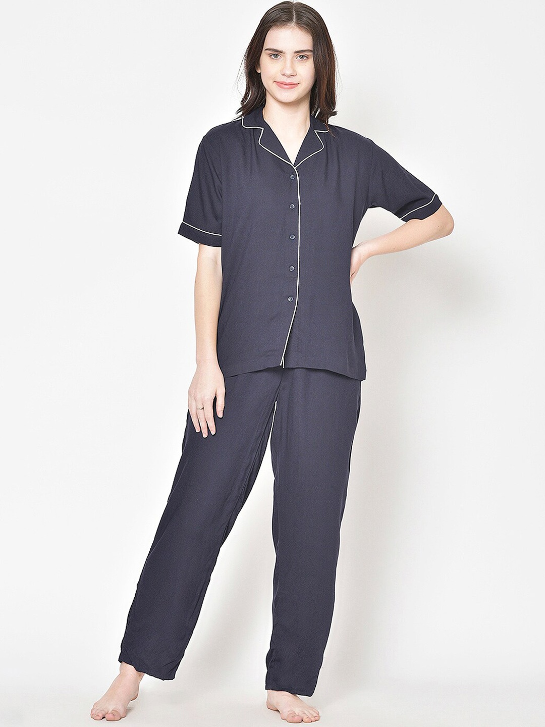 

Cation Women Navy Solid Night Suit, Navy blue