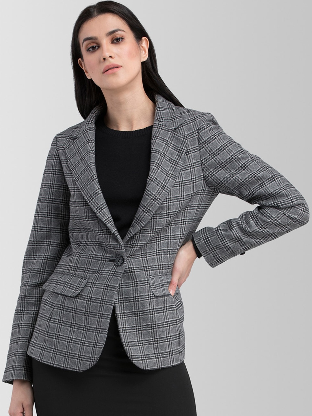 

FableStreet Women Grey Checked Tailored Jacket