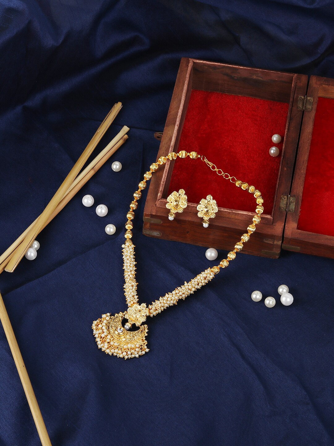 ANIKAS CREATION Gold-Plated White Stone & Pearl Studded Handcrafted Jewellery Set