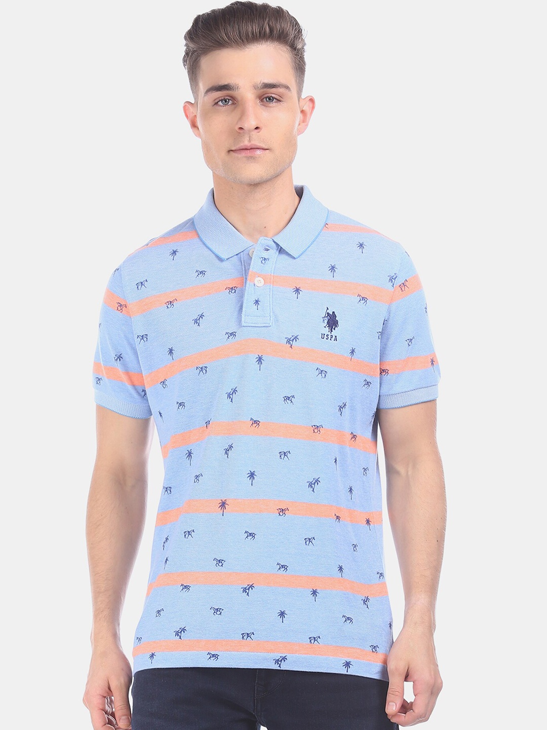 

U.S. Polo Assn. Men Blue Printed Polo Collar T-shirt