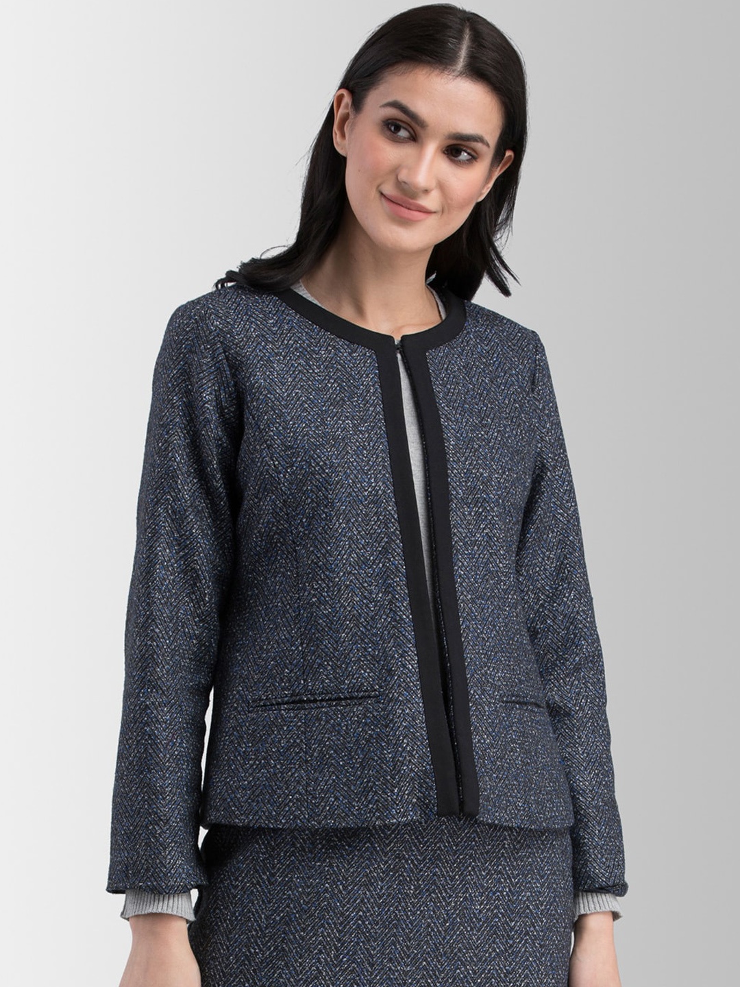 

FableStreet Women Blue Self Design Tailored Jacket