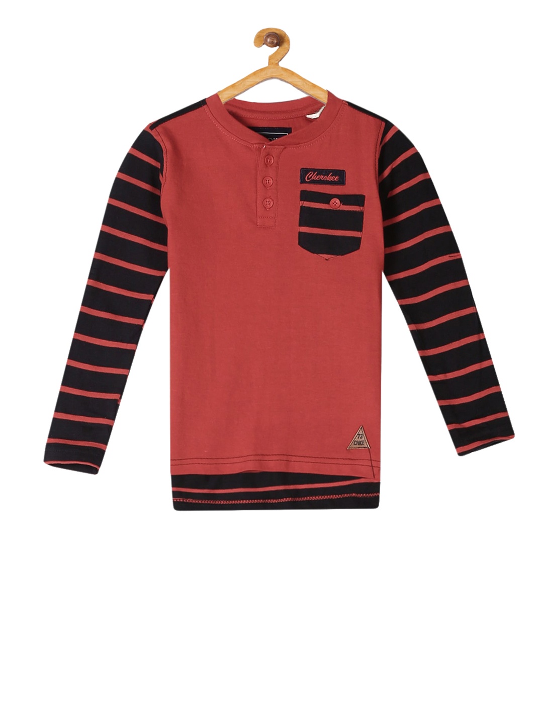 

Cherokee Boys Red Black Striped Henley Neck Pure Cotton T-shirt