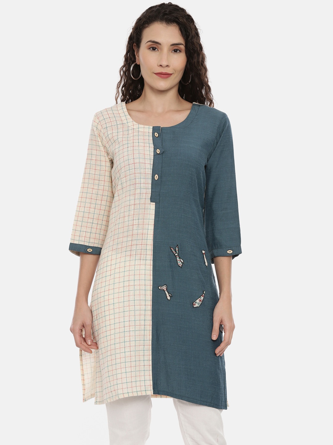 

Neerus Women Cream-Coloured & Green Checked A-Line Kurta