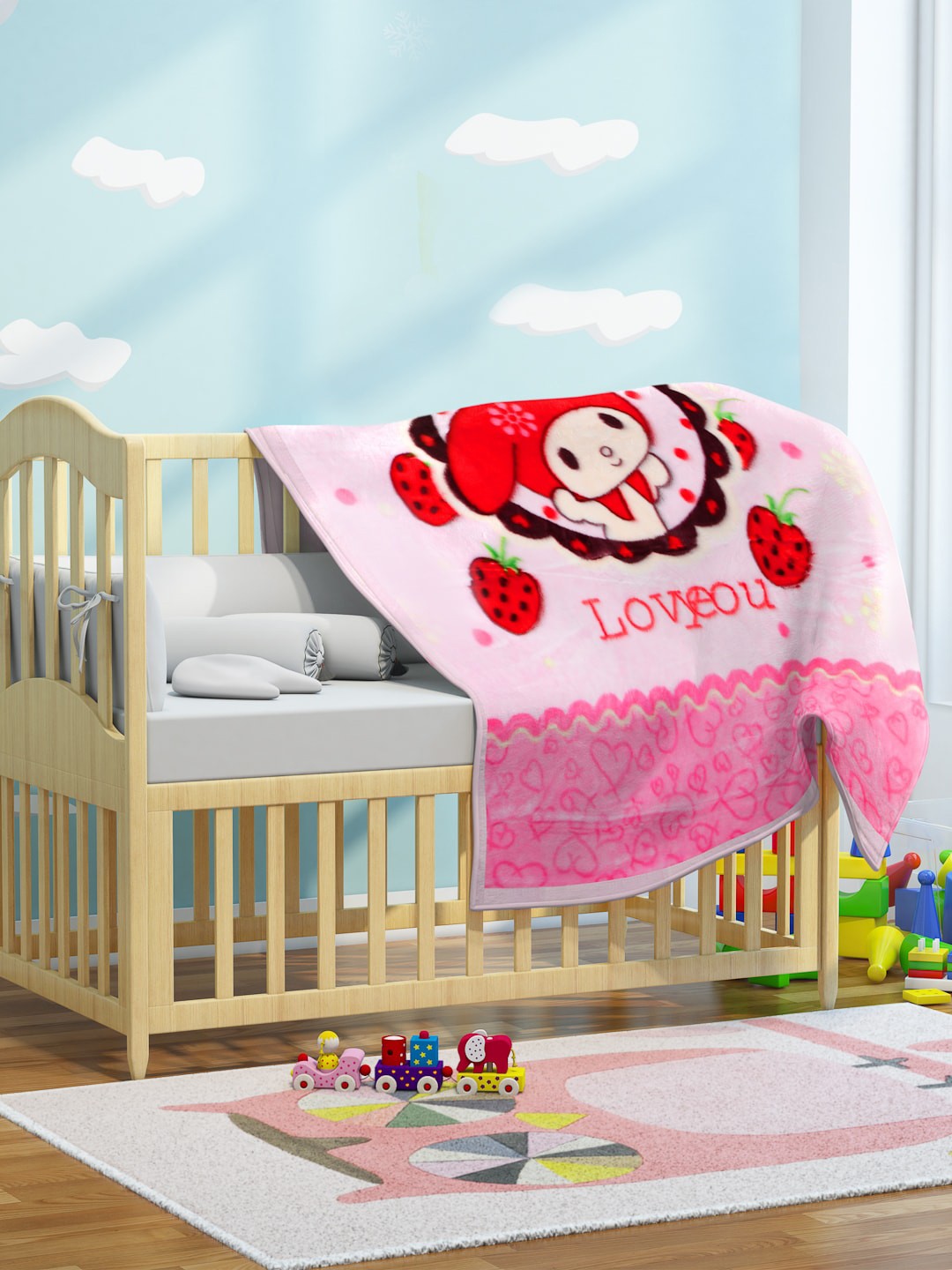 

KLOTTHE Pink & Red Cartoon Print 600 GSM Baby Bed Blanket
