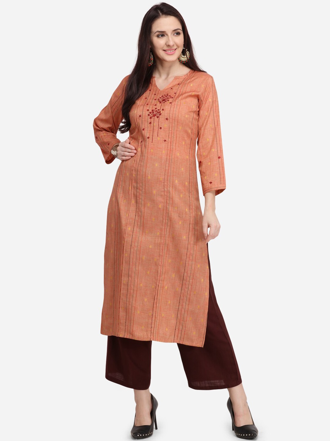 

Youthnic Women Peach-Coloured & Orange Embroidered Straight Kurta