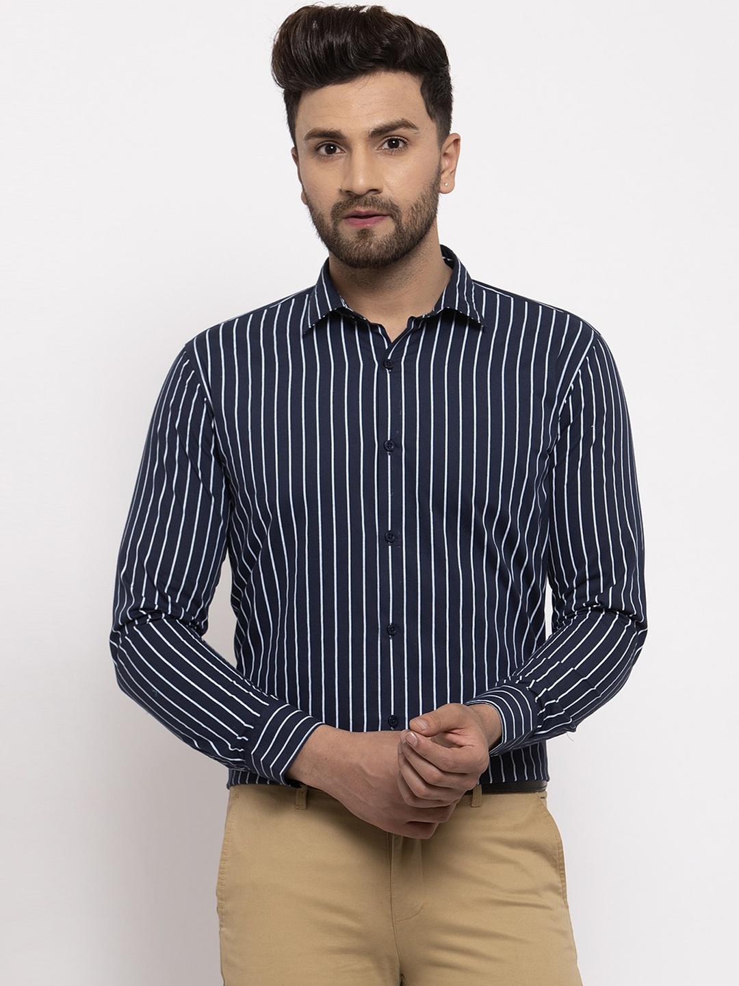 

JAINISH Men Navy Blue & White Slim Fit Striped Formal Shirt