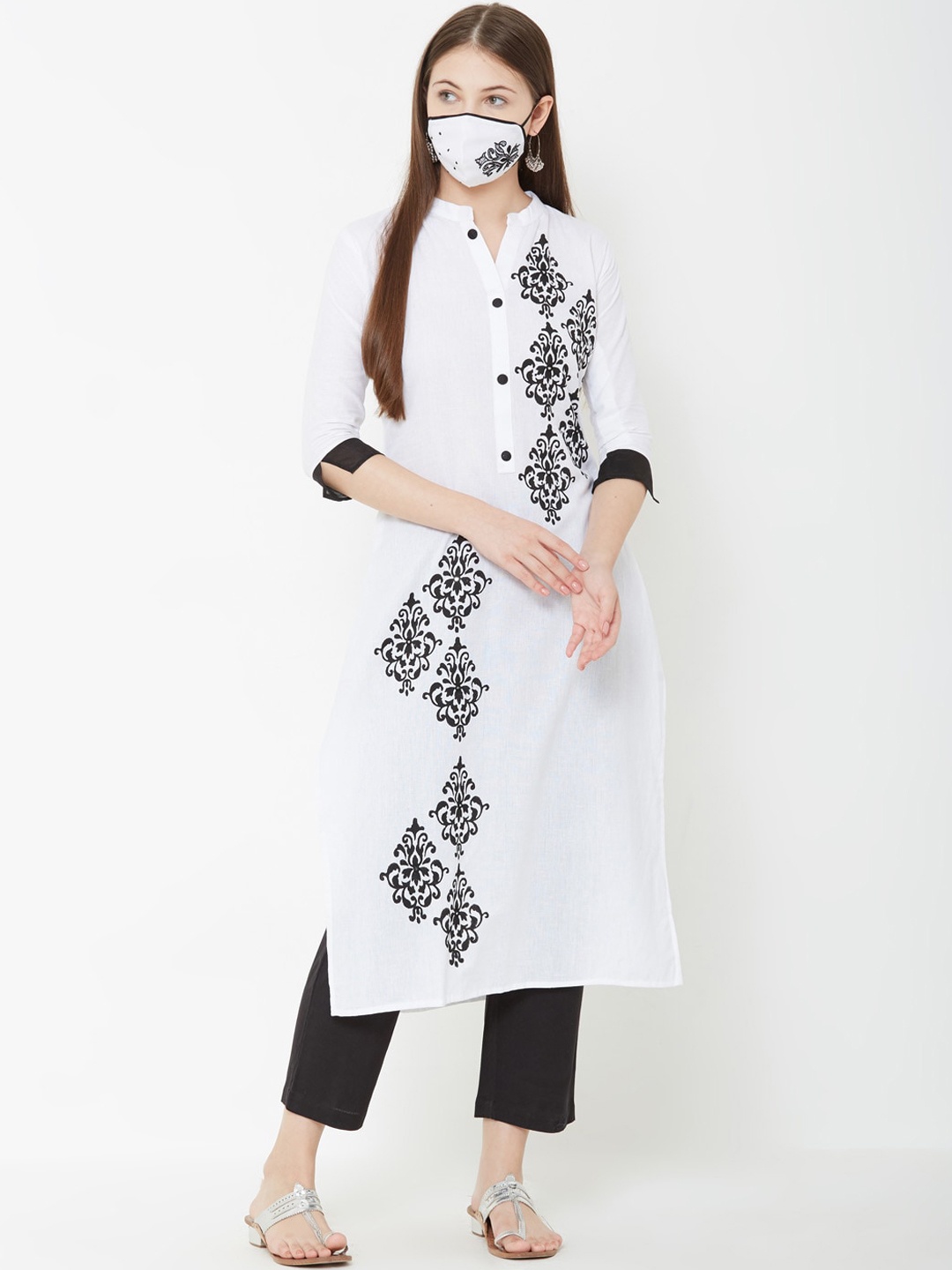 

FASHOR Women White Black Embroidered Straight Kurta