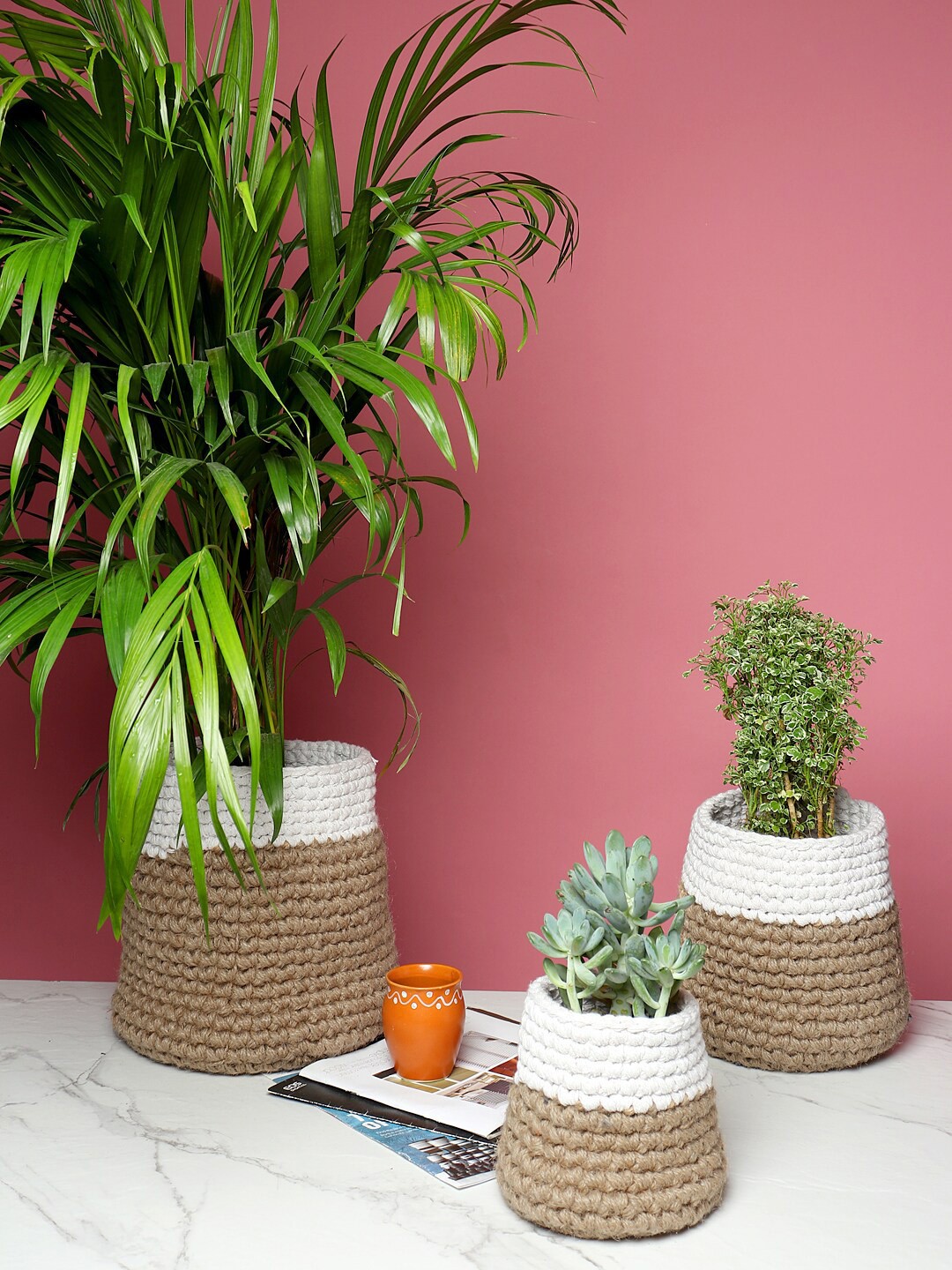 HABERE INDIA Set Of 3 Colourblocked Sustainable Planters, White