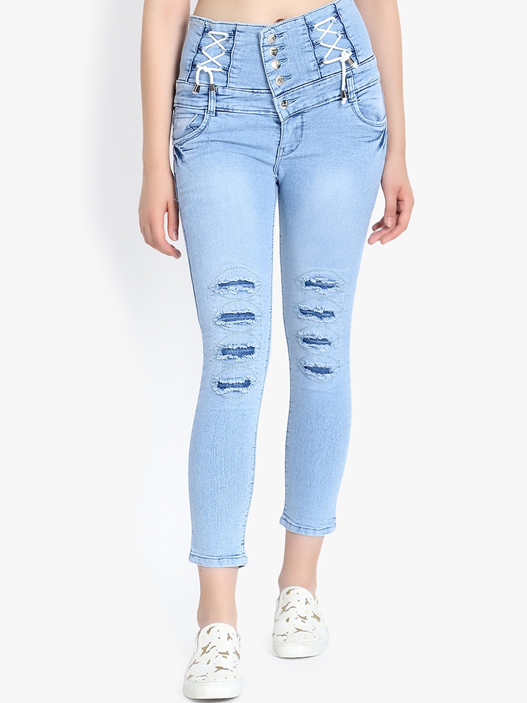 

Perfect Outlet Women Blue Slim Fit High-Rise Mildly Distressed Jeans
