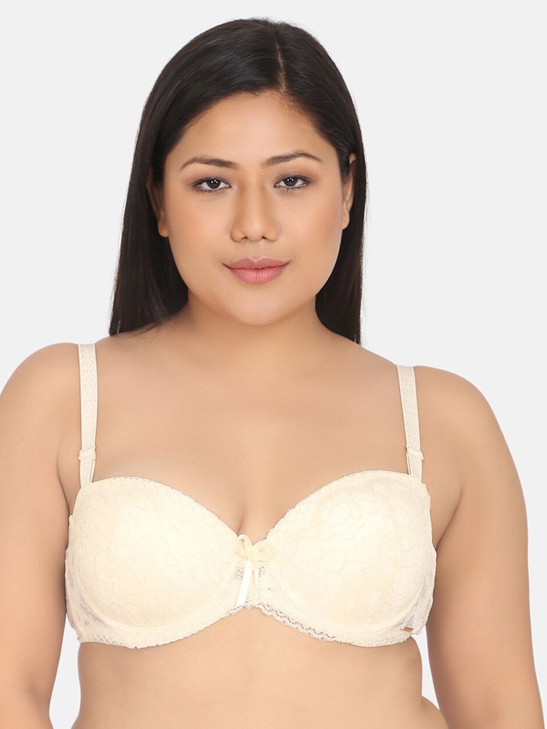 

Curvy Love Plus Size Women Beige Lace Heavily-Padded Underwired Balconette Bra CL-18 BEIGE-C20